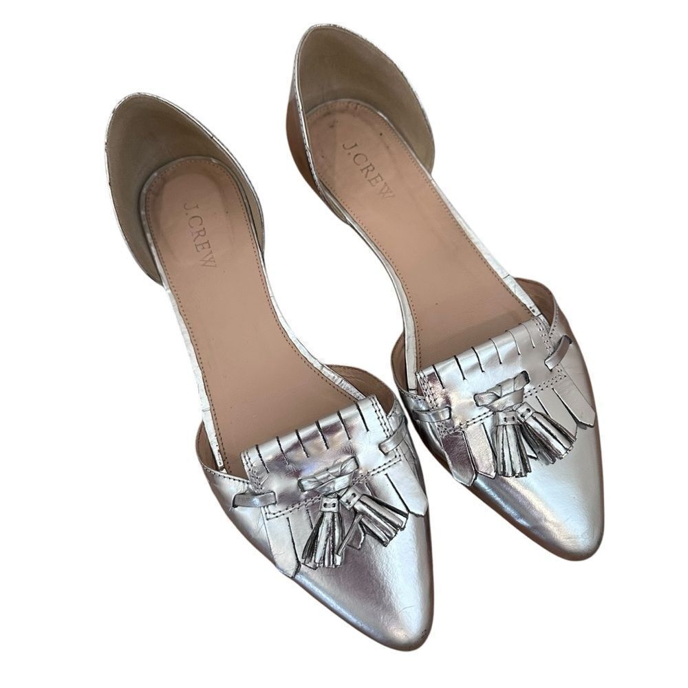 J Crew Silver Metallic D'Orsay Tassels Pointed Toe Flat Shoes